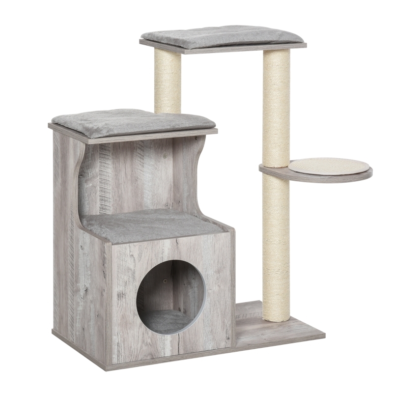 Modern Cat Tree with Grey Wood-Toned Finish, Cushioned Perches, and Condo