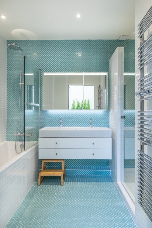 Modern Coastal Bathroom Fish Scale Tile Floating White Vanity Teal