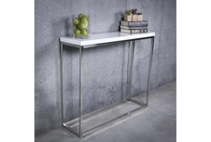 Modern Console Table Polished Metal Sled Base with White Gloss Top