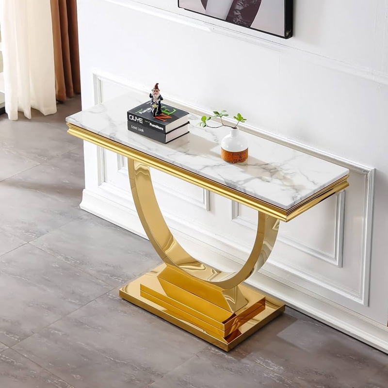 Modern Console Table U-Shaped Gold Pedestal Marble Look Hallway