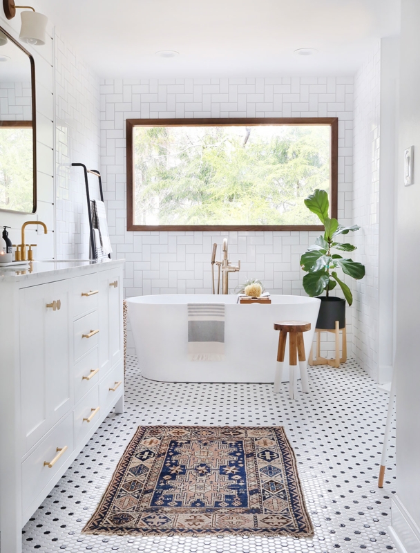 Modern Cottage Bathroom with Black and White Penny Tile Floor