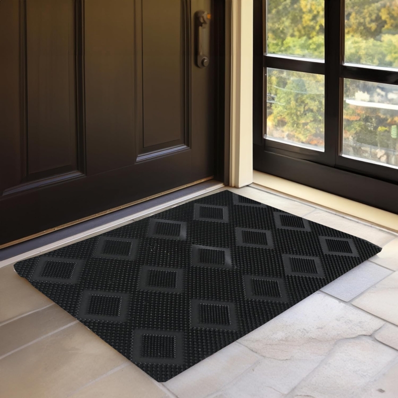 Modern Door Mat Black Geometric Pattern Raised Texture All Weather