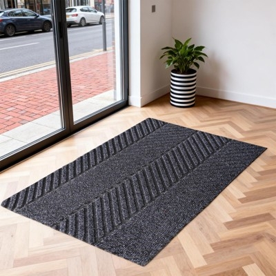 Modern Doormat Charcoal Grey Diagonal Ribbed Texture Minimalist