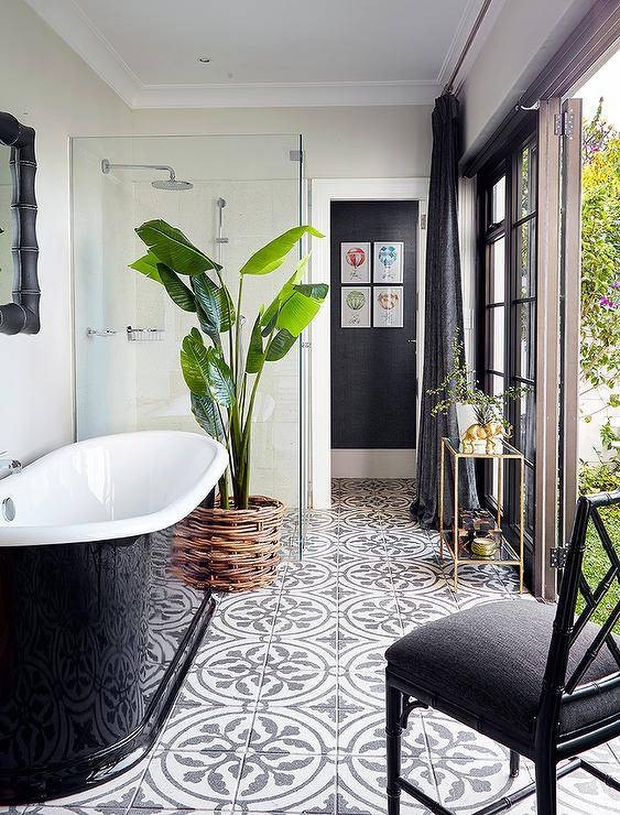 Modern Farmhouse Bathroom with Encaustic Tile and Monochrome Tub