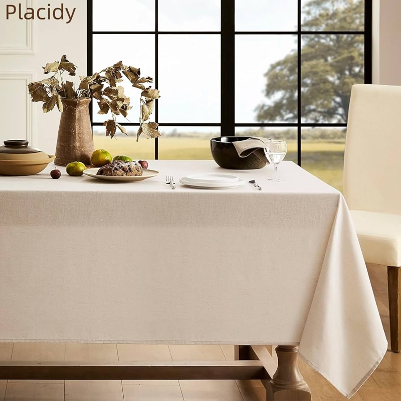 Modern Farmhouse Beige Tablecloth, Linen Look Texture