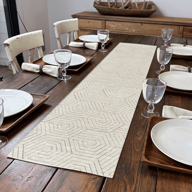 Modern Farmhouse Beige Vinyl Table Runner, Hexagonal Pattern