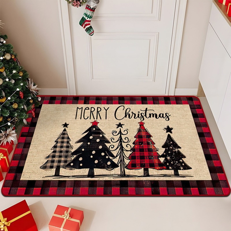 Modern Farmhouse Doormat with Buffalo Plaid Border and Tree Design
