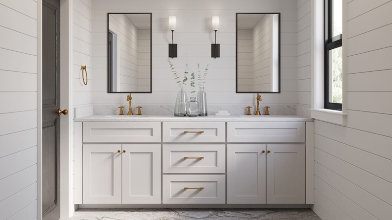 Modern Farmhouse Double Vanity with Shiplap & Gold Hardware