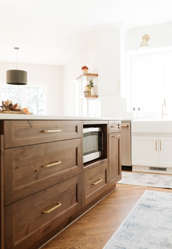 Modern Farmhouse Kitchen: Wood Island with Built-in Microwave Niche