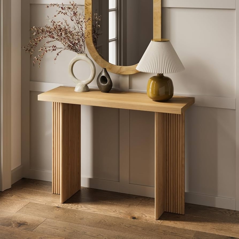 Modern Fluted Console Table Slim Entryway Light Wood