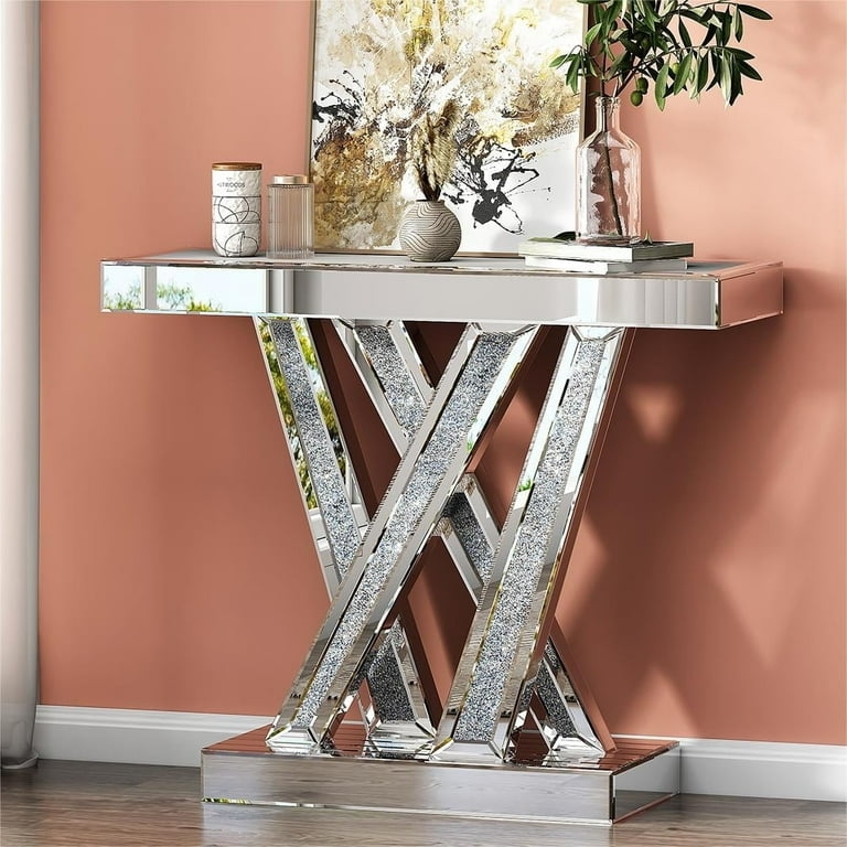 Modern Glam Console Table Mirrored W-Base & Crushed Crystals
