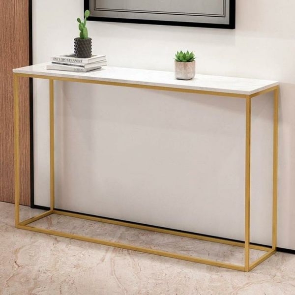 Modern Glam Console Table with White Stone Top and Gold Metal Base