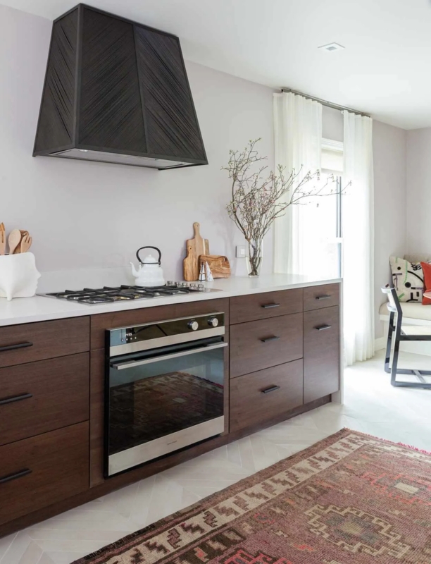 Modern Kitchen Cabinets: Flat Panel Brown, Black Chevron Range Hood