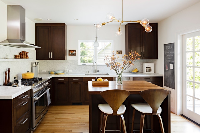 Modern Kitchen: Dark Shaker Cabinets, Brass Branch Chandelier