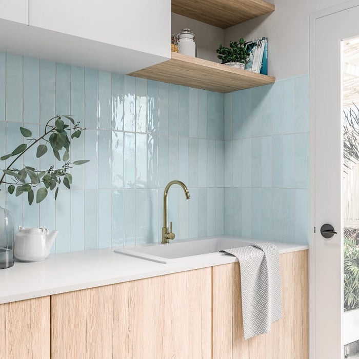 Modern Laundry Room Vertical Stack Tile Gold Faucet Glossy