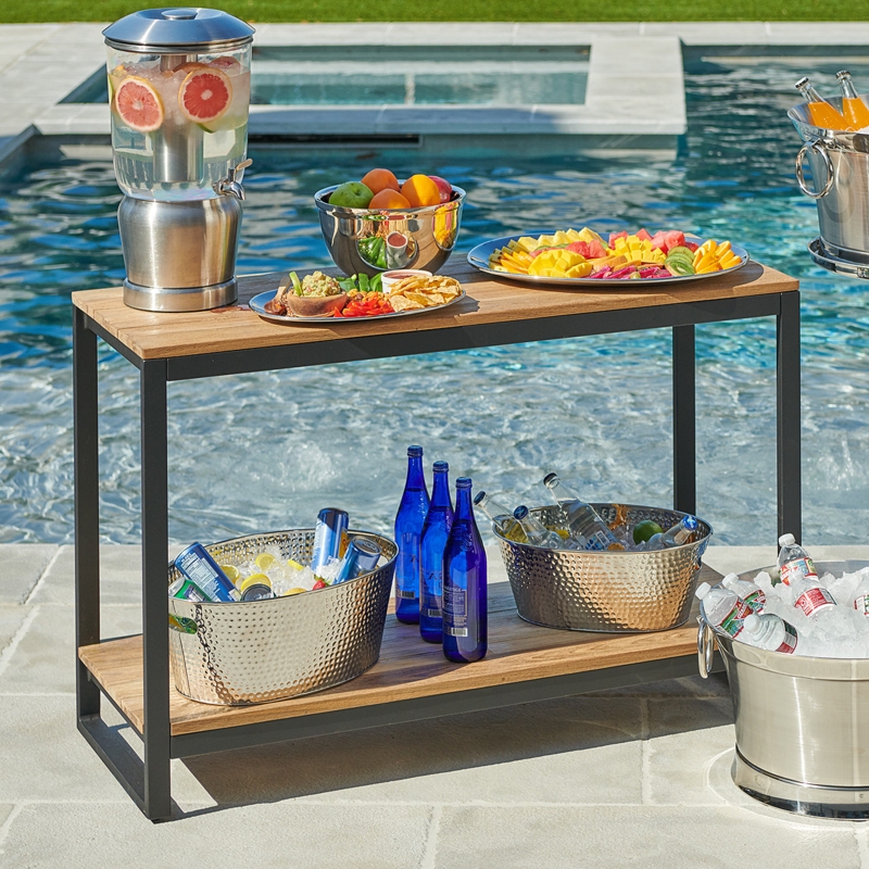Modern Outdoor Console Table Slatted Wood Metal Frame