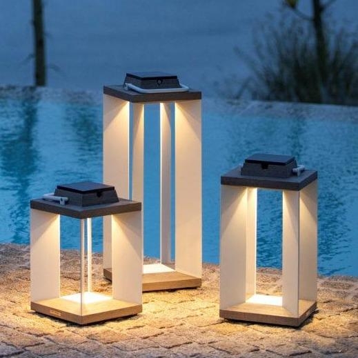 Modern Outdoor Lantern Set Staggered Heights Wood Tone Minimalist