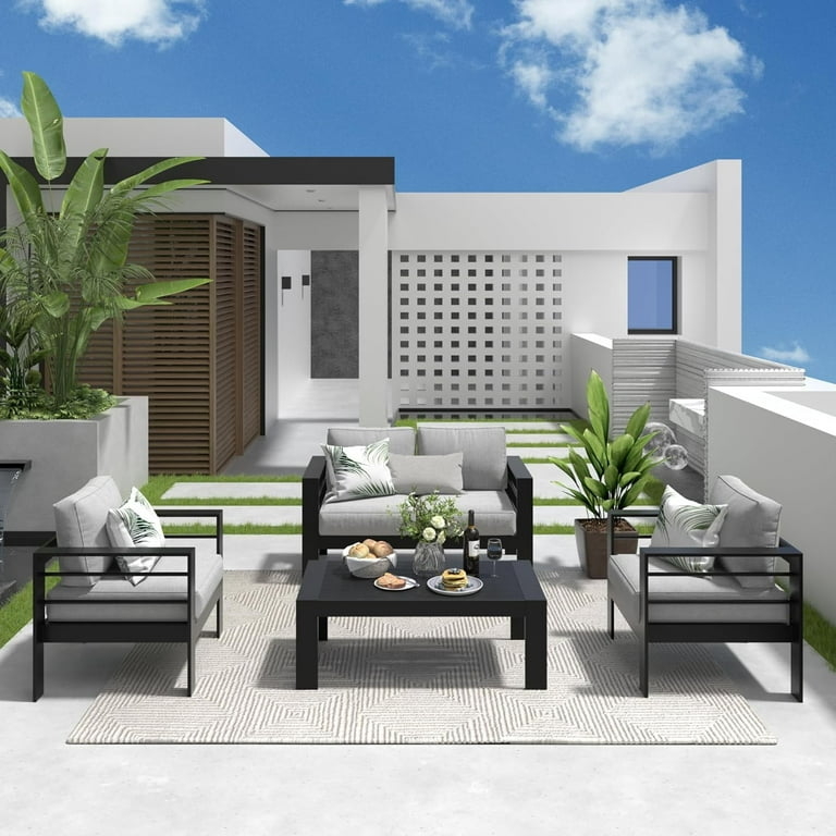 Modern Outdoor Rectangle Table Black Slatted Frame Contemporary