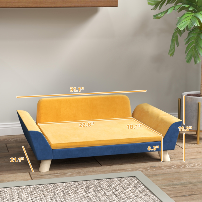 Modern Pet Sofa, Color Blocked Orange & Blue, Tapered Legs