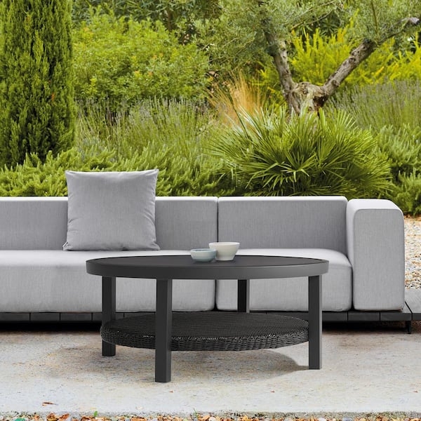 Modern Round Outdoor Coffee Table Black Woven Shelf