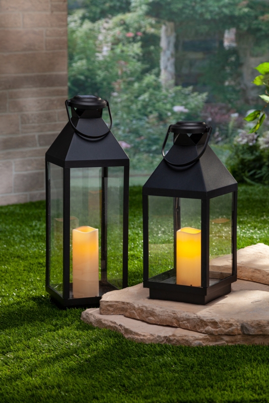 Modern Solar Lantern Matte Black Glass Panes LED Candle Outdoor