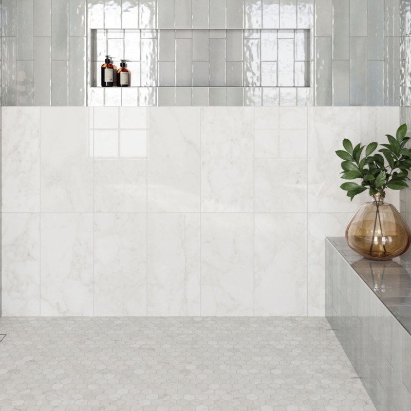 Modern Spa Shower: Vertical Subway Tile and Marble Mixed Design