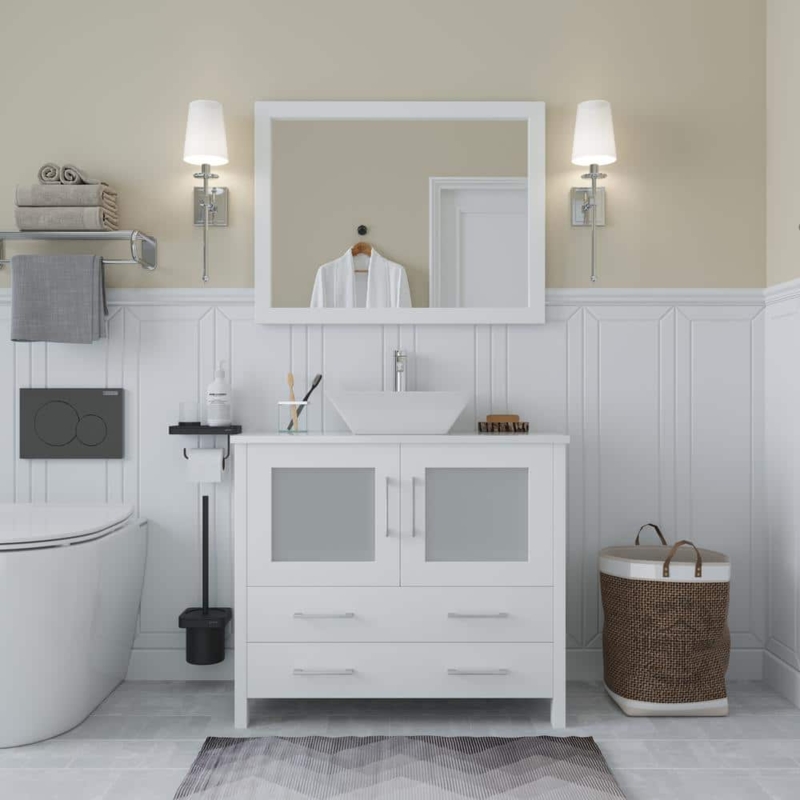 Modern White Bathroom Vanity with Vessel Sink & Frosted Glass