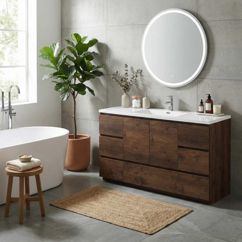 Modern Wood Bathroom Vanity with Round Backlit Mirror