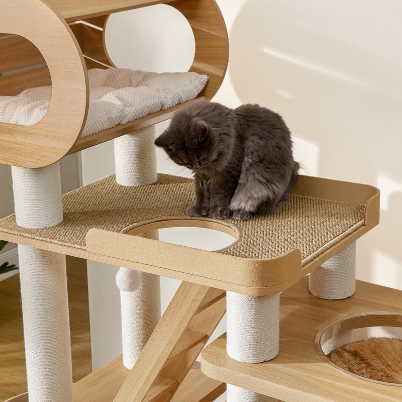 Modern Wood Cat Tree With Circular Cutouts & Rope Posts