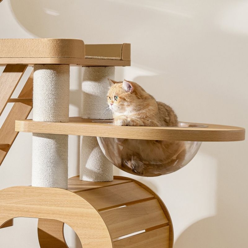 Modern Wood Cat Tree With Climbing Ladder & Acrylic Bowl