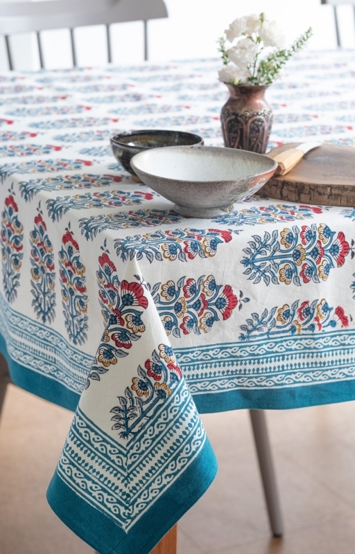 Moghul Block Print Tablecloth Floral Pattern Teal Border Bohemian