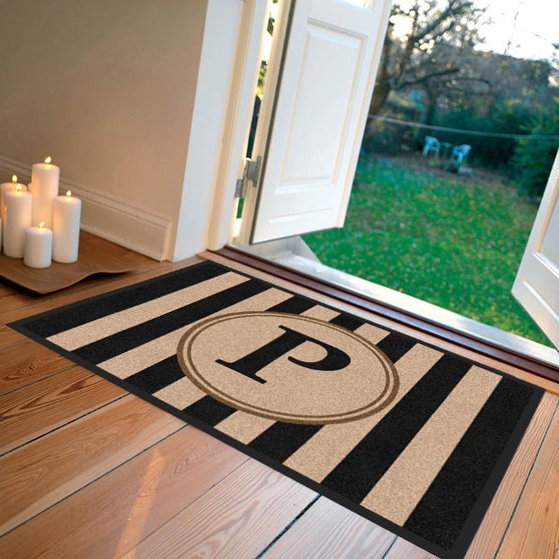 Monogrammed Doormat Black and Tan Striped Modern Farmhouse Entryway