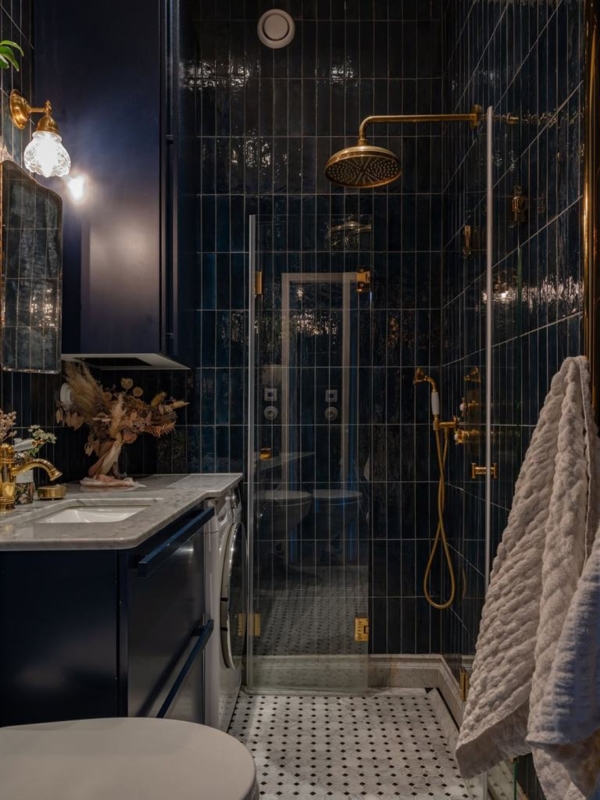 Moody Bathroom Navy Vertical Tile Integrated Washing Machine