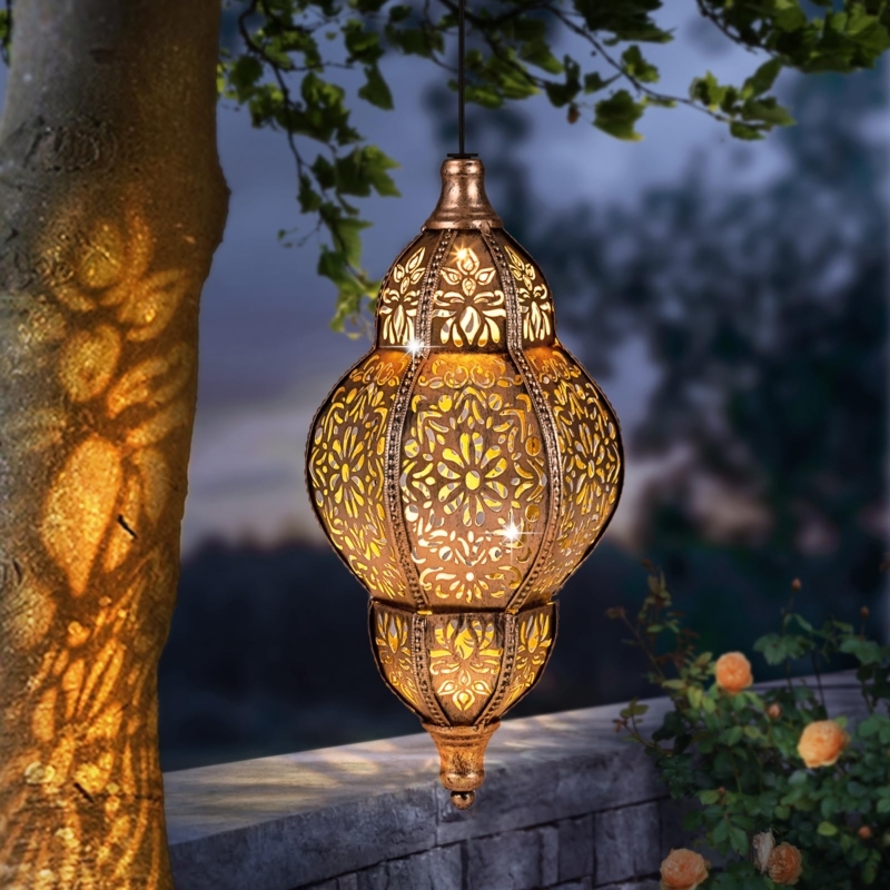 Moroccan Bronze Hanging Lantern, Filigree, Warm Glow Garden Lighting