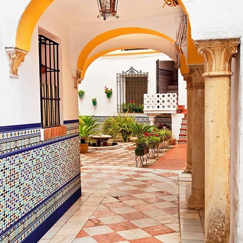 Moroccan Courtyard Zellige Wall Tile Blue Mosaic Terracotta Floor
