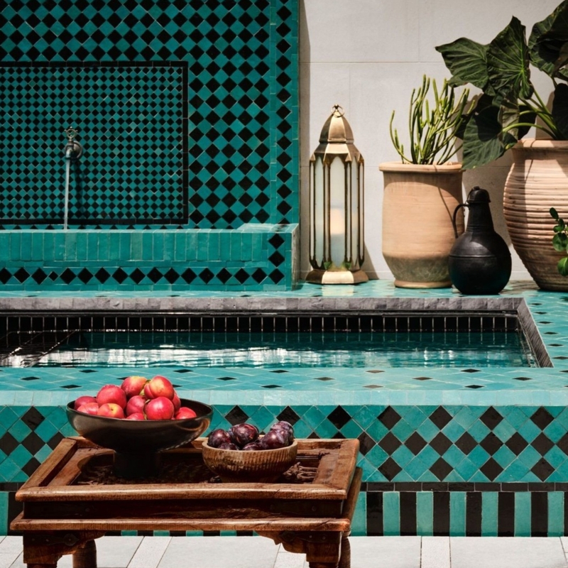 Moroccan Zellij Pool Tile Geometric Mosaic Teal Black Glossy
