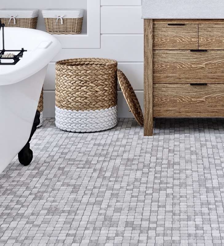 Mosaic Floor Tile in Grey with Wood Grain Vanity and Woven Baskets