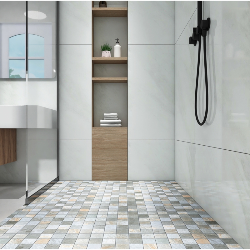 Mosaic Floor Tile Multi Toned Neutral Earth Tones Matte Grid