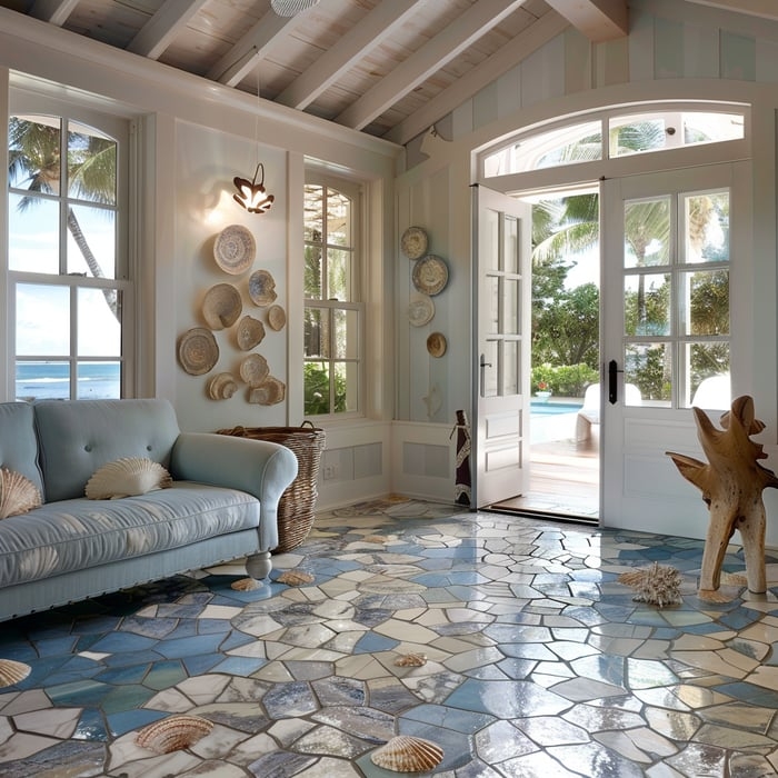 Mosaic Flooring Blue Stone Ideas Shell Embedded Ocean View Doors