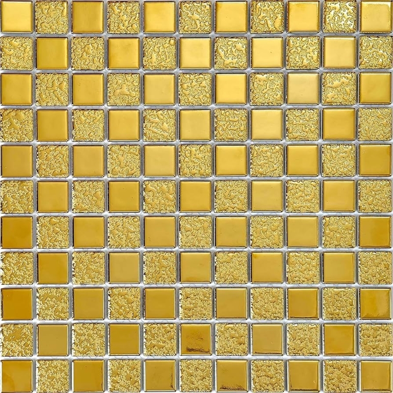 Mosaic Tile Alternating Textures Square Gold Metallic Bathroom Tile