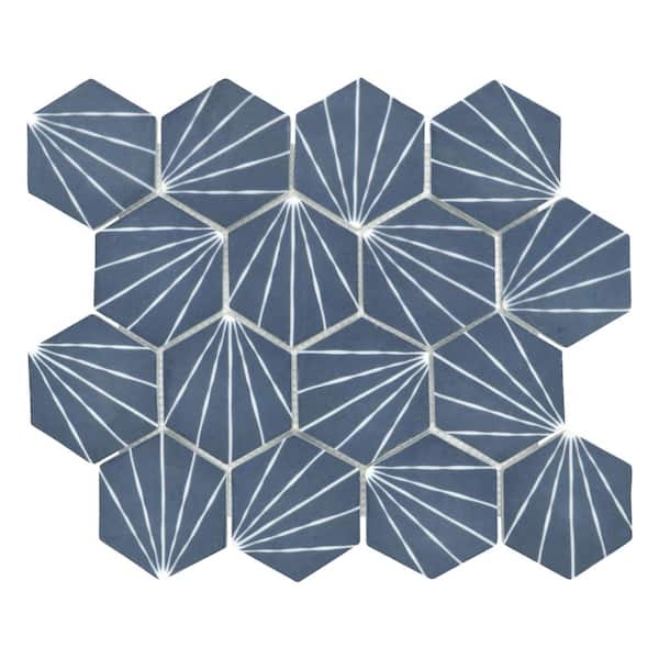 Mosaic Tile Art Deco Navy Blue Glass Sunburst Pattern Hexagon