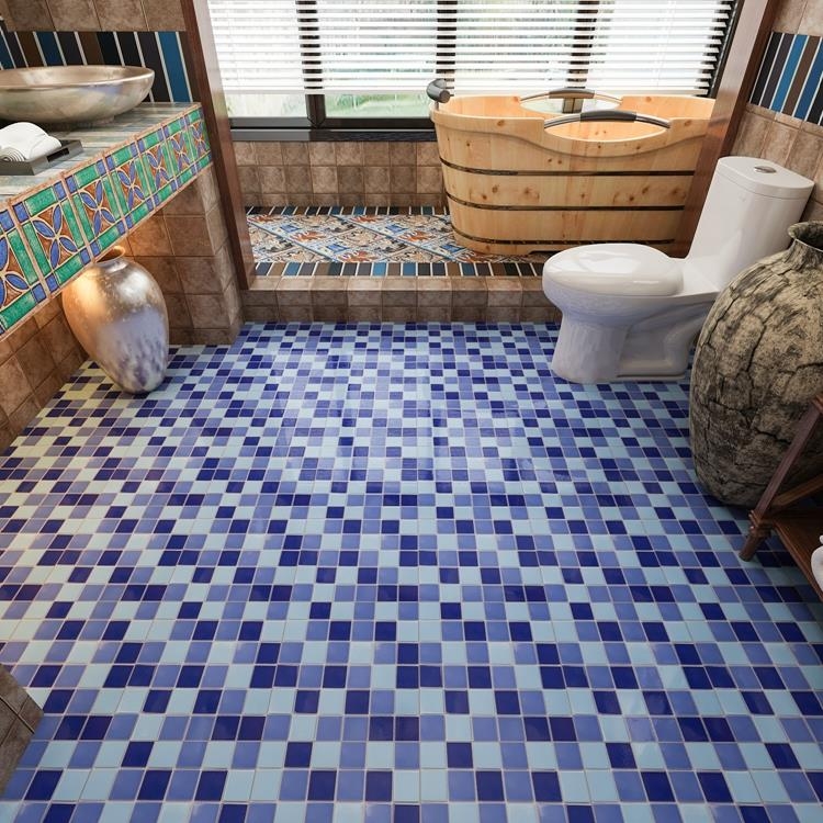 Mosaic Tile Blue Floor Coastal Eclectic Glossy Bathroom Design