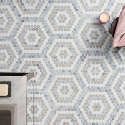 Mosaic Tile Blue Grey Marble Nested Hexagons Matte Geometric
