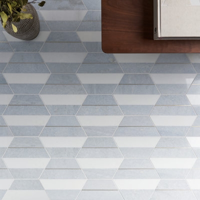 Mosaic Tile Blue White Stripe Brass Inlay Hexagonal Polished Glam