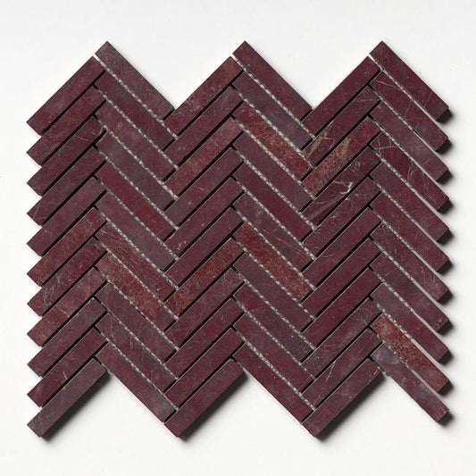 Mosaic Tile Burgundy Marble Herringbone Pattern Matte Finish