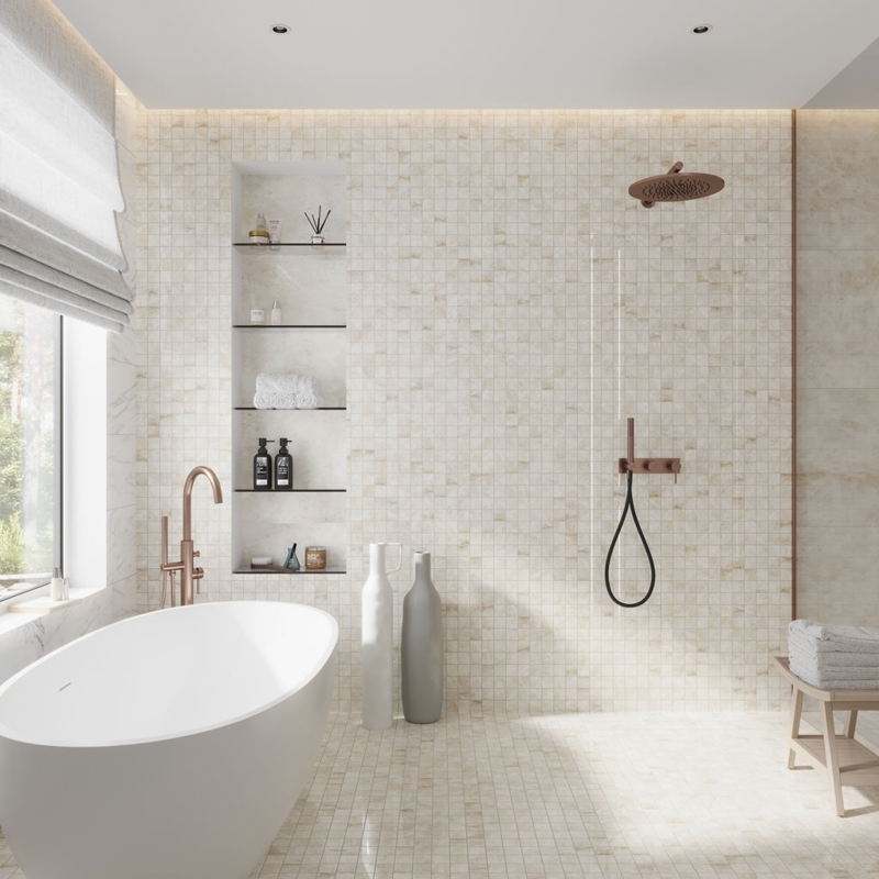 Mosaic Tile Cream Porcelain Lappato Sheen Grid Texture Contemporary