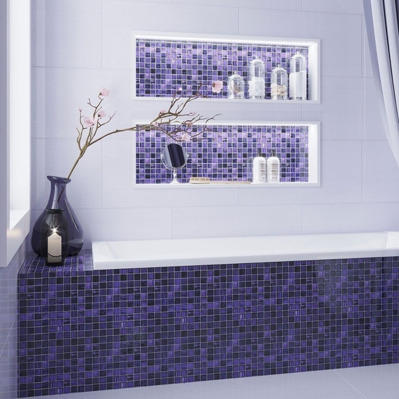 Mosaic Tile Glass Deep Violet Multi Tonal Grid Bathroom Niche Idea