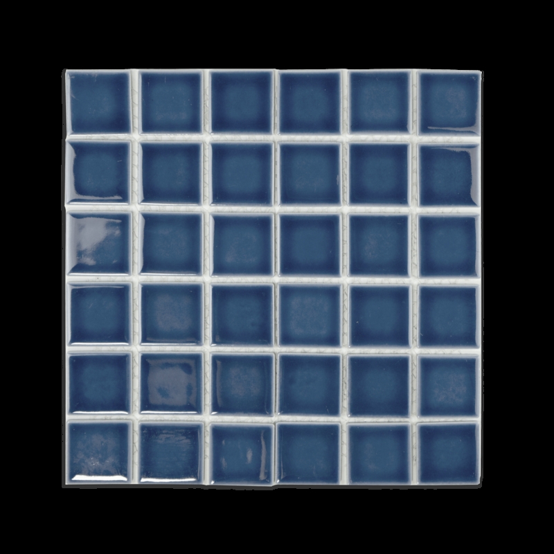 Mosaic Tile Glossy Navy Blue Square Grid Crackle Finish Tonal