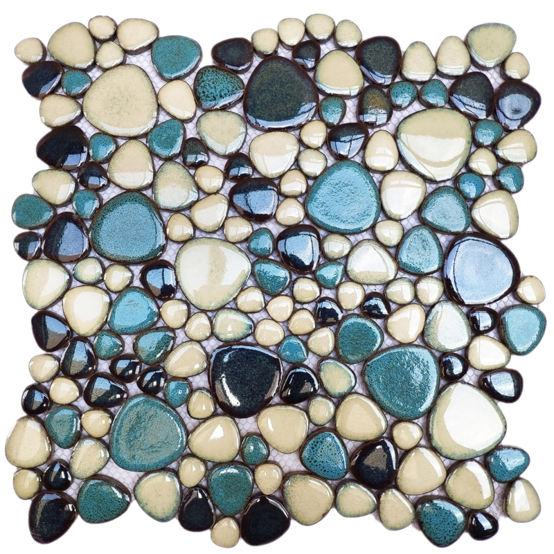 Mosaic Tile Glossy Pebble Shape, Aqua and Teal Palette for Shower