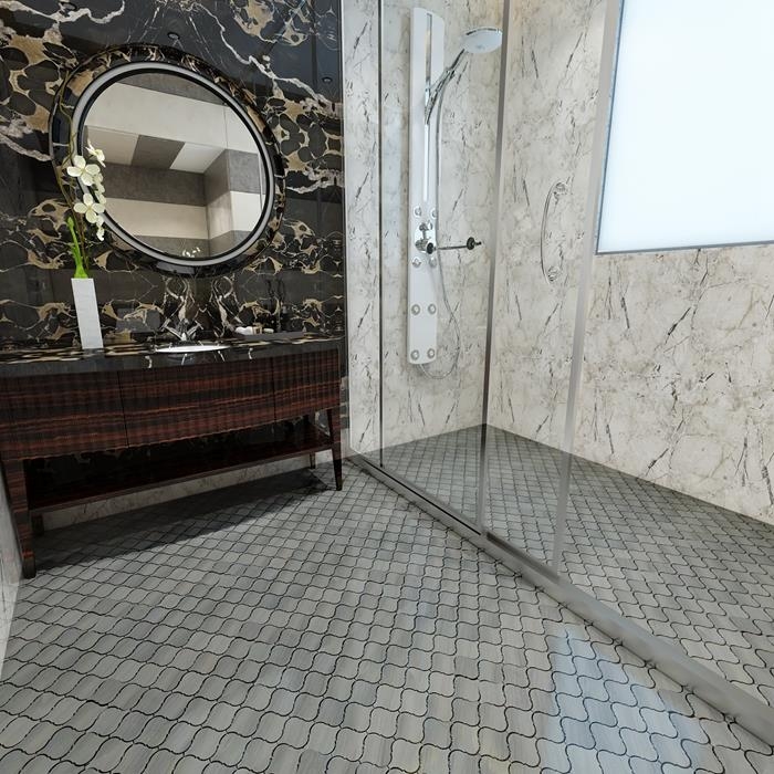 Mosaic Tile Grey Arabesque Black Gold Marble Wall Scene